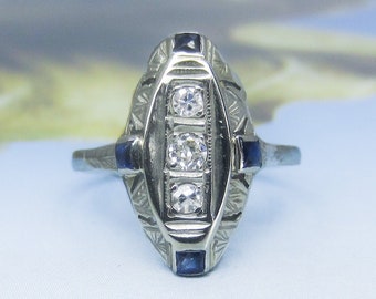 Vintage Diamond Ring, Art Deco Diamond and Sapphire Dinner Ring 14k c. 1930, Vintage Engagement Ring, Antique Diamond Ring, Deco Diamond Rin