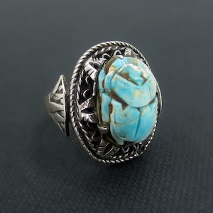 Vintage Egyptian Revival Faience Scarab Ring Sterling, Egypt c. 1970, Vintage Scarab Ring, Vintage Egyptian Jewelry