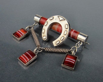 Antique Brooch, Victorian Scottish Banded Agate Horseshoe Brooch Sterling c. 1870, Victorian Brooch, Scottish Brooch, Pebble Jewelry