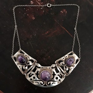 Vintage Necklace, Big Arts and Crafts Amethyst Necklace Sterling c. 1940, Antique Necklace, Arts and Crafts Jewelry