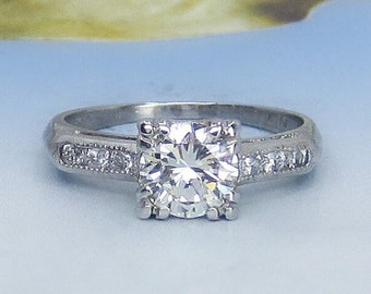 Retro Round Brilliant .76ct Diamond Vintage Engagement Ring Platinum c. 1940, Antique Engagement Ring, Deco Engagement Ring