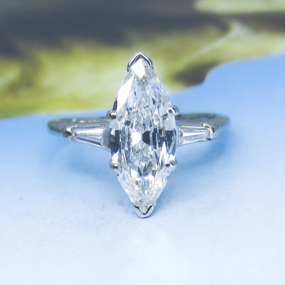 Vintage Engagement Ring Mid century Old Cut Marquise Diamond 1.62