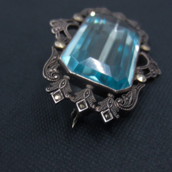 Antique Brooch, Art Deco Aquamarine Glass and Mar… - image 3