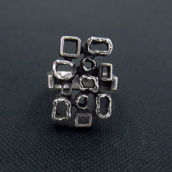 MidCentury Brutalist Squares Ring 835 Silver, c. … - image 1