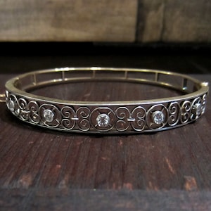 Antique Diamond Bracelet, Edwardian Old Euro Diamond Filigree Bangle Platinum/14k c. 1910, Antique Bangle, Art Deco Bracelet, Victorian