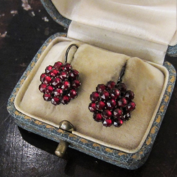 Antique Earrings, Victorian Bohemian Garnet Cluste