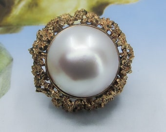 Vintage Ring, Huge Mid-Century Brutalist Mabe Pearl Cocktail Ring 14k c. 1960, Vintage Cocktail Ring, Brutalist Gold Ring, MCM Ring