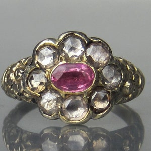 Antique Ring, Georgian Pink Sapphire and Rose Cut Diamond Ring 14k c. 1820, Georgian Ring, Regency Ring, Vintage Ring, Cluster Ring