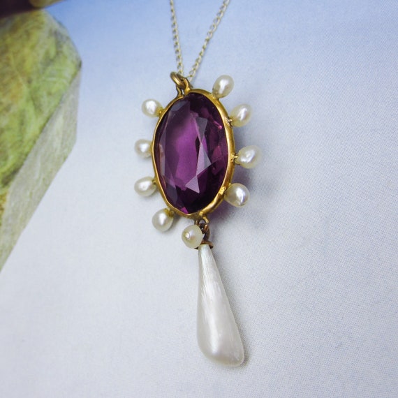 Edwardian Amethyst and Pearl Pendant 14k c. 1900,… - image 2