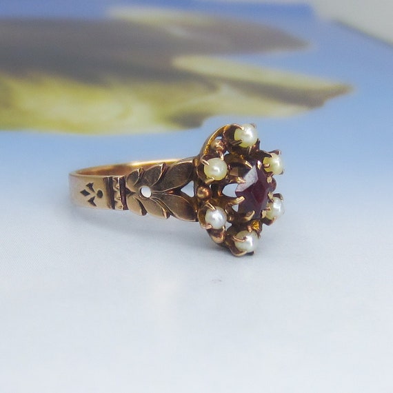 Antique Victorian Garnet and Pearl Ring 14k c. 18… - image 6