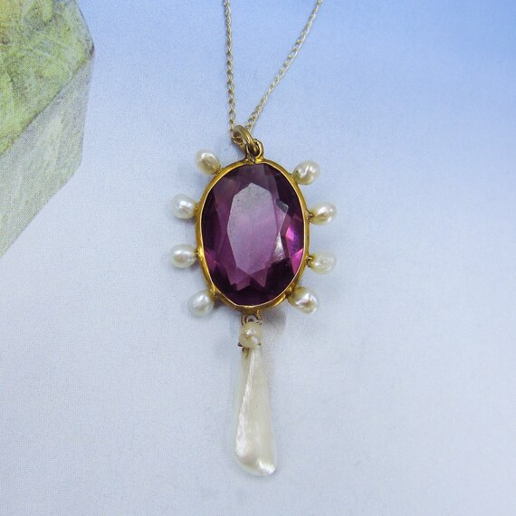 Edwardian Amethyst and Pearl Pendant 14k c. 1900,… - image 1