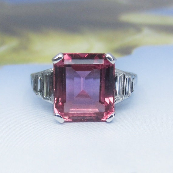 Vintage Ring, Pink Tourmaline and Baguette Diamon… - image 1