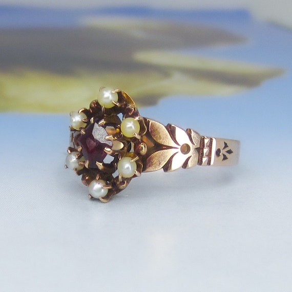 Antique Victorian Garnet and Pearl Ring 14k c. 18… - image 2