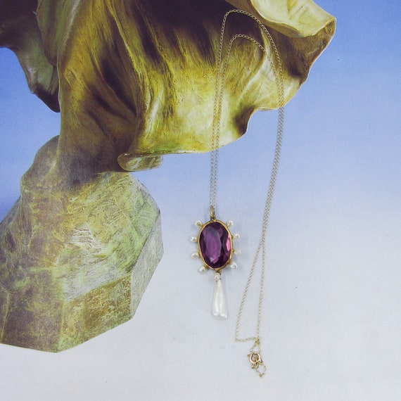 Edwardian Amethyst and Pearl Pendant 14k c. 1900,… - image 3