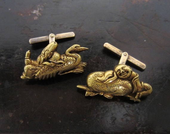 Antique Cufflinks, Victorian Japanese Menuki Cuff… - image 1