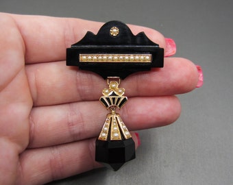 Antique Brooch, Victorian Onyx, Enamel and Seed Pearl Drop Brooch 14k c. 1880, Victorian Brooch, Mourning Brooch, Mourning Jewelry