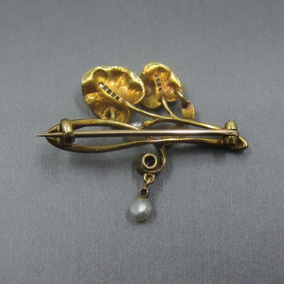 Antique Brooch, Art Nouveau Enamel, Diamond, Ruby… - image 5
