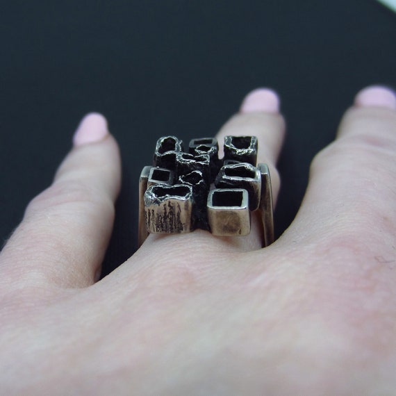 MidCentury Brutalist Squares Ring 835 Silver, c. … - image 9