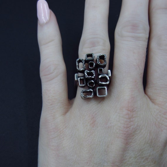 MidCentury Brutalist Squares Ring 835 Silver, c. … - image 8