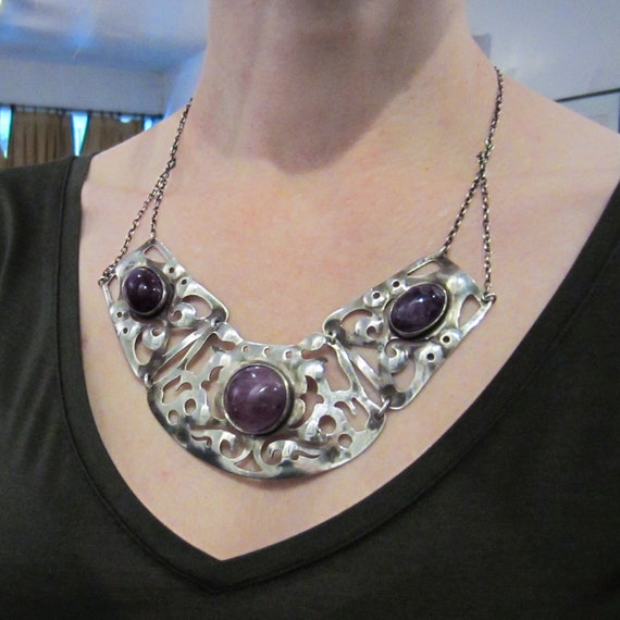 Vintage Necklace, Big Arts and Crafts Amethyst Ne… - image 9