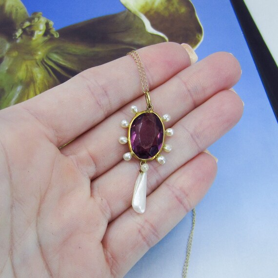 Edwardian Amethyst and Pearl Pendant 14k c. 1900,… - image 5