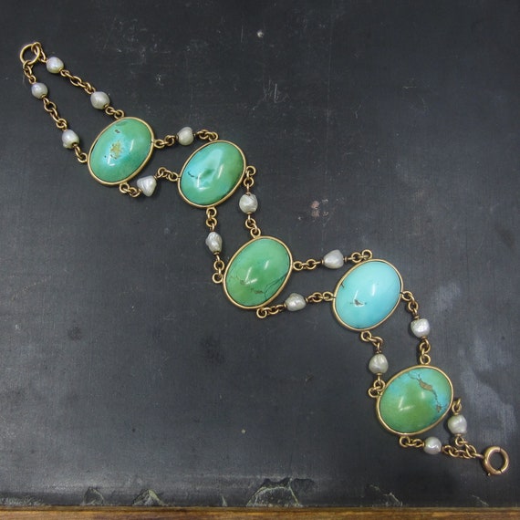 Antique Bracelet, Edwardian Turquoise and Pearl B… - image 1