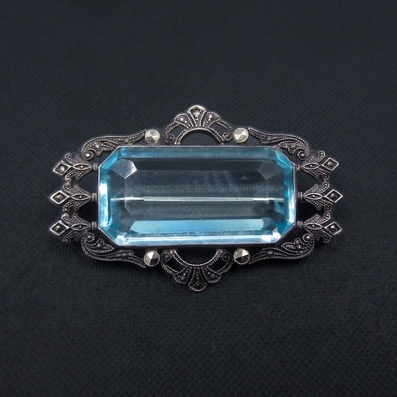 Antique Brooch, Art Deco Aquamarine Glass and Mar… - image 1