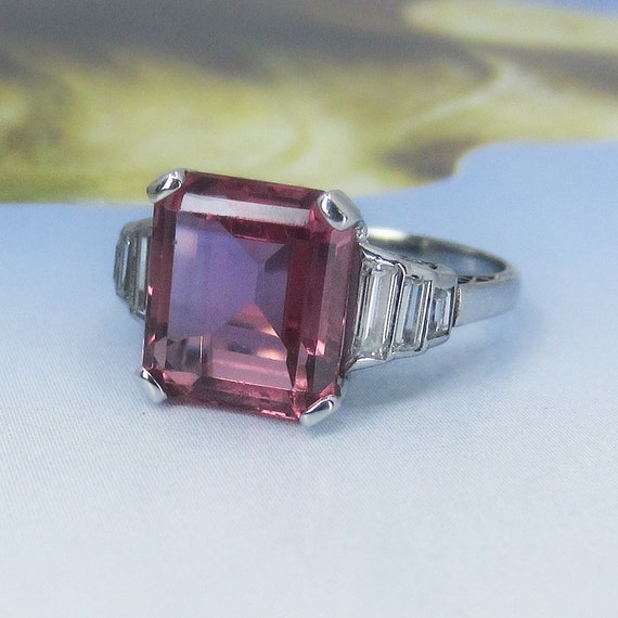 Vintage Ring, Pink Tourmaline and Baguette Diamon… - image 2
