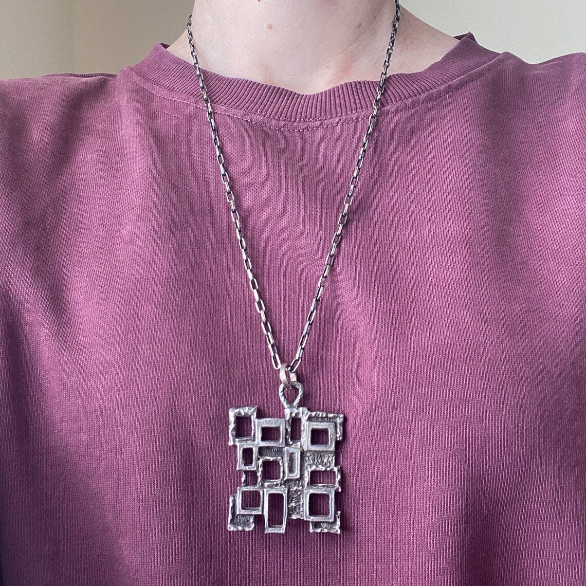 Midcentury Brutalist Pendant Necklace Sterling C. 1960, Brutalist