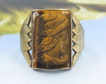 Antique Ring, Victorian Men's Carved Tiger's Eye Warrior Cameo Ring 10k c. 1880, Antique Men's Ring, Victorian Cameo Ring, Victorian Men's