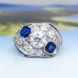 Art Deco Diamond and Sapphire Ring Platinum c. 1920, Vintage Engagement Ring, Antique Engagement, Sapphire Engagement Ring