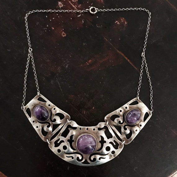 Vintage Necklace, Big Arts and Crafts Amethyst Ne… - image 1