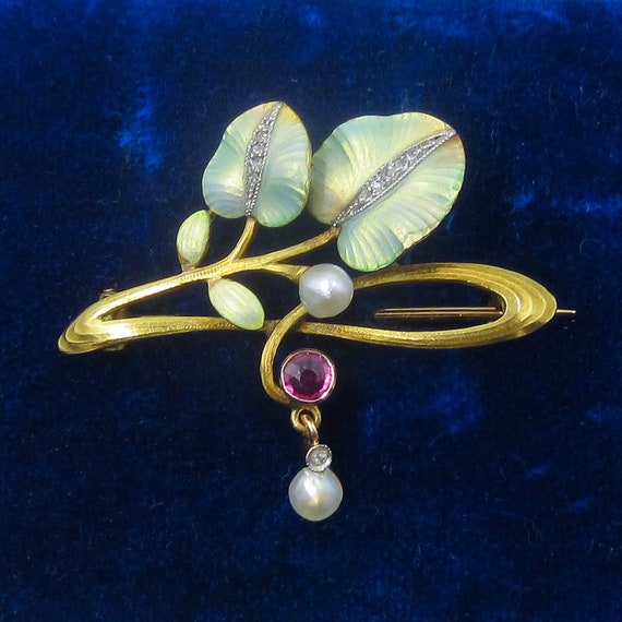 Antique Brooch, Art Nouveau Enamel, Diamond, Ruby… - image 1