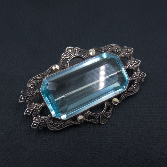 Antique Brooch, Art Deco Aquamarine Glass and Mar… - image 2