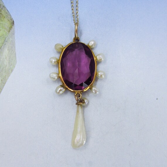 Edwardian Amethyst and Pearl Pendant 14k c. 1900,… - image 4