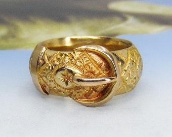 Victorian Wide Patterned Buckle Ring 18k, British c. 1890 Size 6.25, Antique Ring, Vintage Ring, Antique Buckle Ring, Vintage Buckle Ring