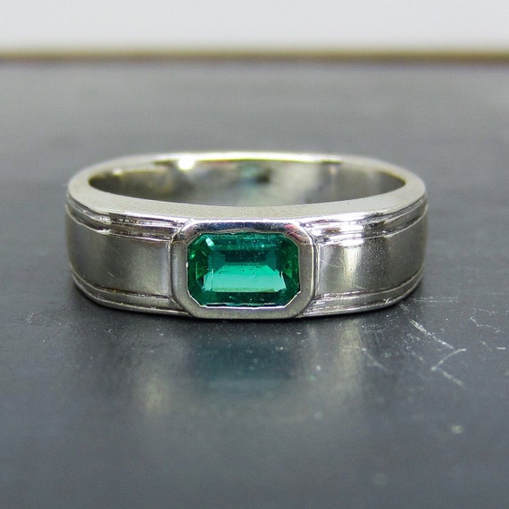 Vintage Men's Ring, Bezel Set Emerald Men's Band … - image 1