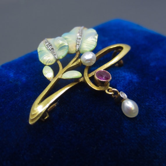 Antique Brooch, Art Nouveau Enamel, Diamond, Ruby… - image 2