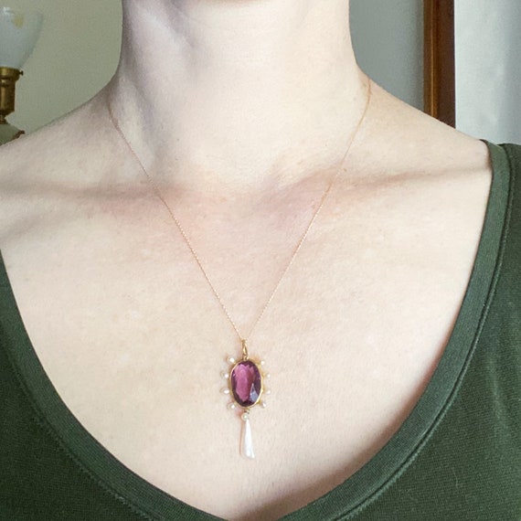 Edwardian Amethyst and Pearl Pendant 14k c. 1900,… - image 6