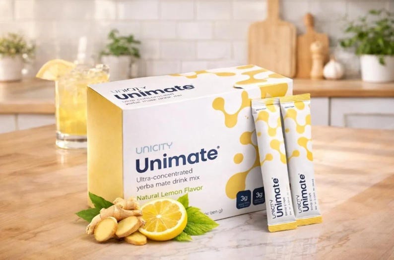 May include: A white rectangular box of Unicity Unimate ultra-concentrated yerba mate drink mix in natural lemon flavor, accompanied by two matching single-serve packets, fresh ginger root slices, and a lemon slice on a wooden surface.