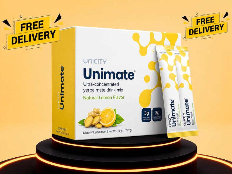 May include: A white and yellow box of Unimate ultra-concentrated yerba mate drink mix with natural lemon flavor, featuring an image of ginger and lemon slices, alongside two matching individual drink mix packets, totaling 7.9 oz. (225 g).