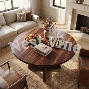 May include: A round wooden coffee table with a dark brown grain pattern, featuring a bowl of assorted fruit, a stack of books, a vase with dried flowers, and a gold tray with two candles. The text Nest Vine is overlaid on the image.