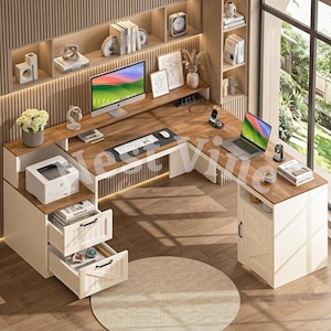 May include: An L-shaped wooden desk with a white base, featuring two open drawers on the left, a cabinet on the right, and a built-in hutch. The desk includes a computer monitor, a laptop, a printer, and various decorative items on shelves.