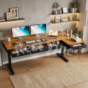 May include: An L-shaped standing desk with a rustic brown wood grain surface and black metal legs. The desk features multiple open drawers, two computer monitors, a laptop, a keyboard, and a mouse. Floating shelves are mounted on the wall.