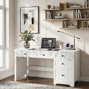 Writing Desk with Drawers, Farmhouse Computer Desk with 4 Drawers and File Drawer | Home Office Desk with Storage for Work and Study