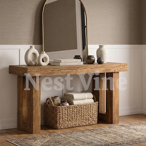 Reclaimed Solid Wood Beam Console Table, 59 Inch Rustic Farmhouse Entryway Sofa Table