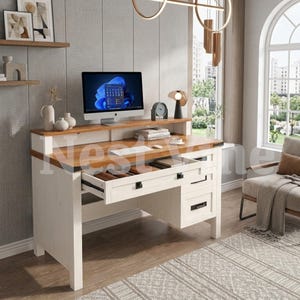 Farmhouse Writing Desk with Drawers, Monitor Stand, Built-in Charging Station