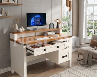 Farmhouse Writing Desk with Drawers, Monitor Stand, Built-in Charging Station