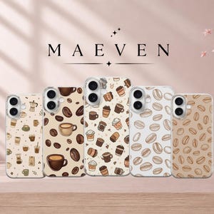 May include: Five clear phone cases arranged in a row, each featuring a unique pattern of coffee-themed illustrations including various cups, mugs, and roasted coffee beans in shades of brown, tan, and white against a light background.