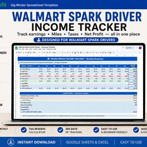 May include: A digital Walmart Spark Driver income tracker spreadsheet template displayed on a laptop screen. The interface includes sections for tracking earnings, mileage, expenses, taxes, and net profit, with a Google Sheets logo and a branded mug.